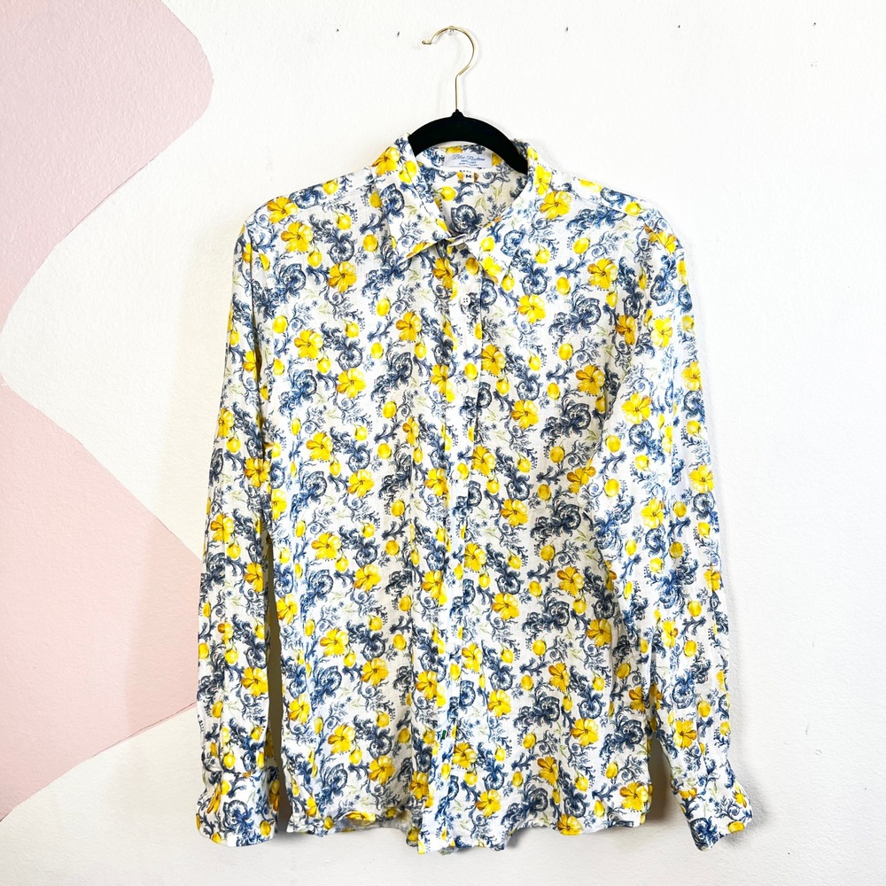Lemon Print 100% Linen Button Up Shirt Womens Vacation Coastal Made In‎ Italy